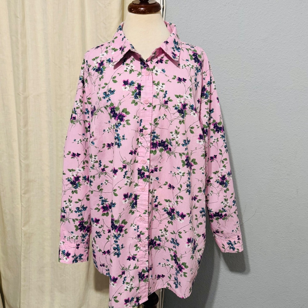 Woman Within Pink Floral Button Down Shirt Long Sleeve Plus Size 1X 22/24 Garden